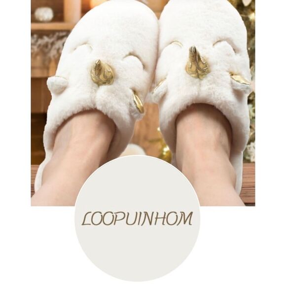 LOOPUINHOM Unicorn White Gold Slippers Cozy Plush Warm Medium Size 7-8 NWT - Picture 1 of 16